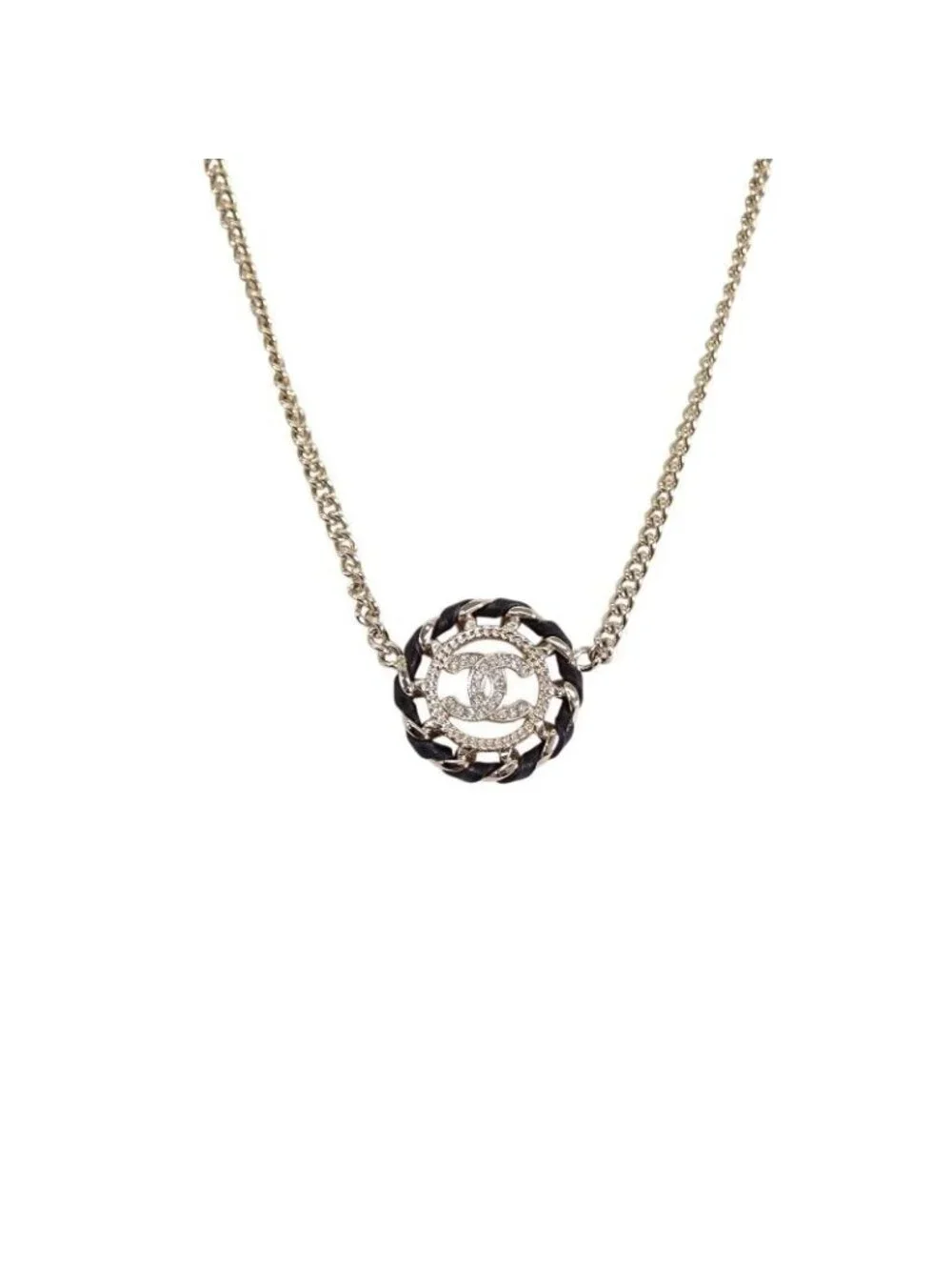 Chanel CC Logo Choker Pendant Metal Leather Strass with Champagne Gold